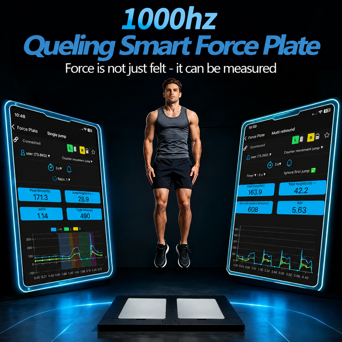 Queling  Vertical Jump Force Plate, 1 D Force Platform, CMJ Rehabilitation Assessment, Portable Large Surface, Peak Force