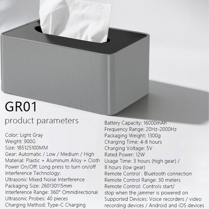 Anti-Recording Voice Recorder Blocker | Ultrasonic Privacy Protector Tissue Box Design for Meeting & Office